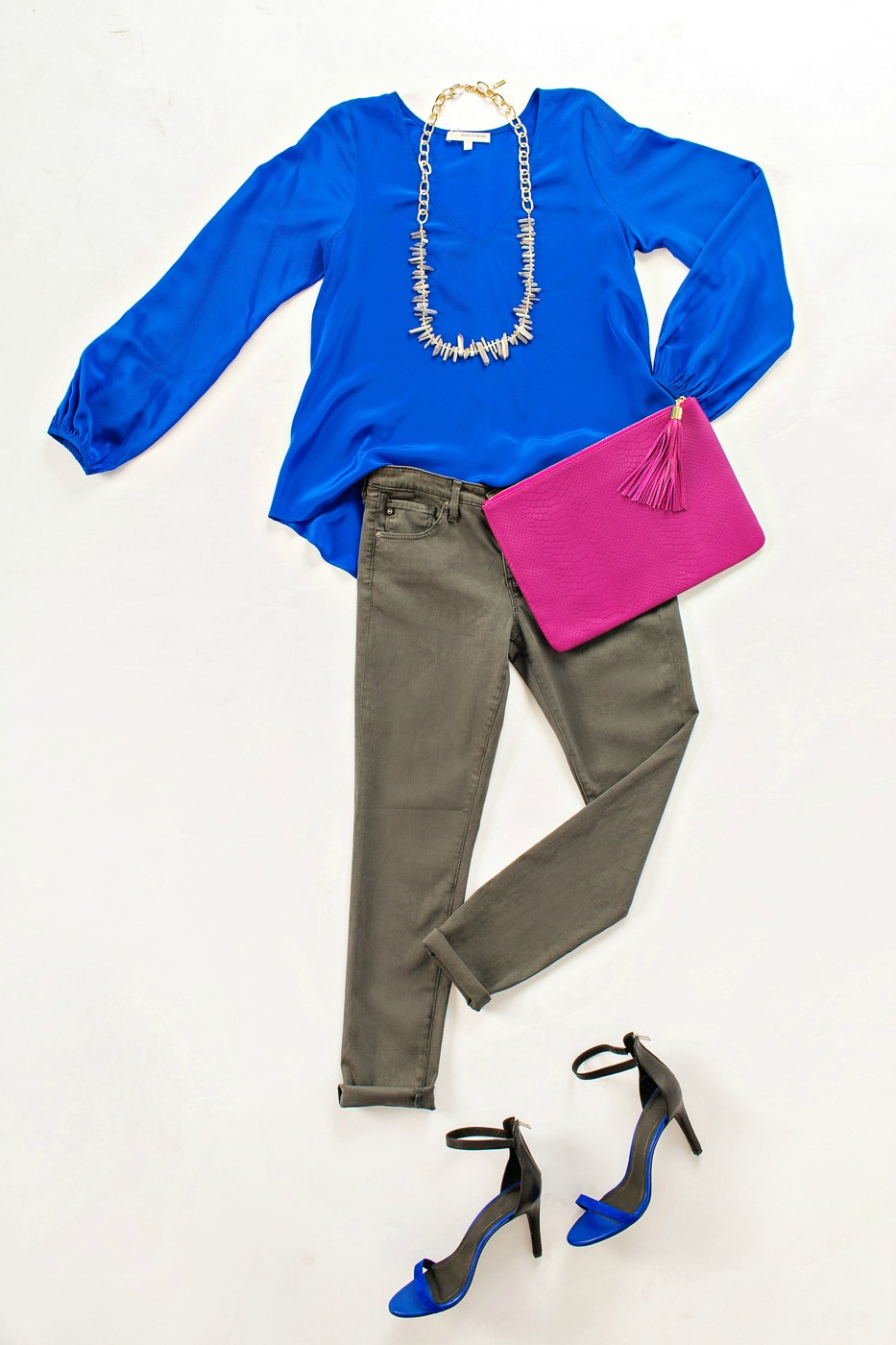 Cobalt weekend look with lavender brown top and gray AG jeans.