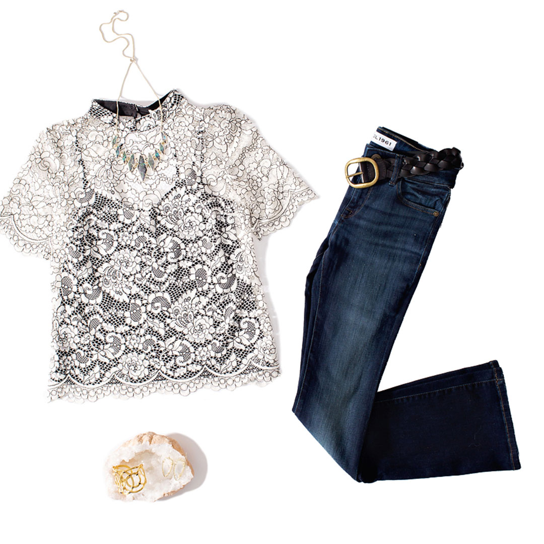 Casual glam polished outfits with lace top and flair jeans