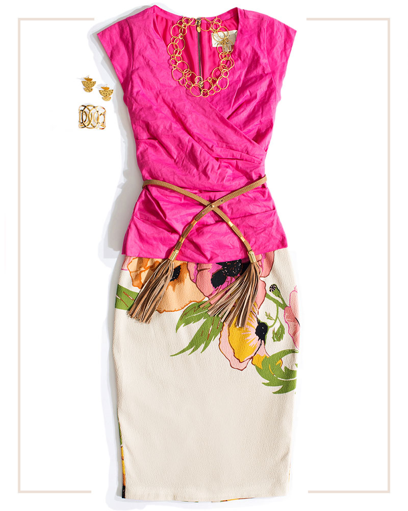 hot pink fitted top styled with a floral pencil skirt and gold accessories