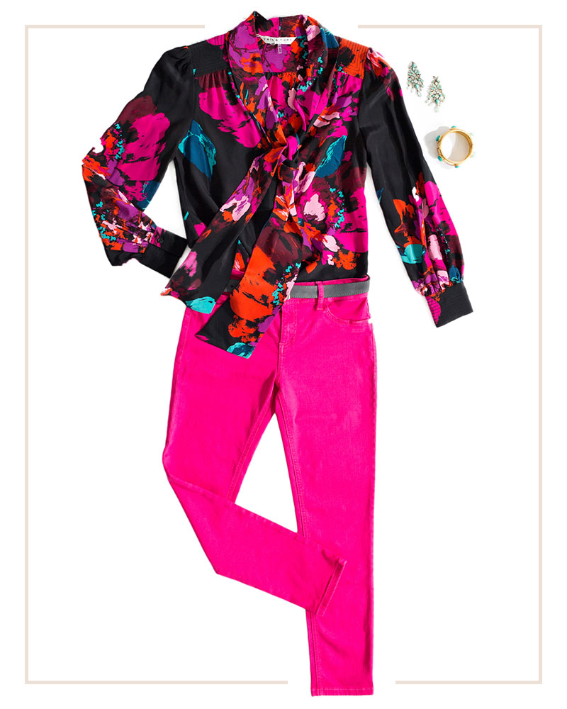 grown up business casual outfit styled with hot pink jeans and a floral top with pops of hot pink