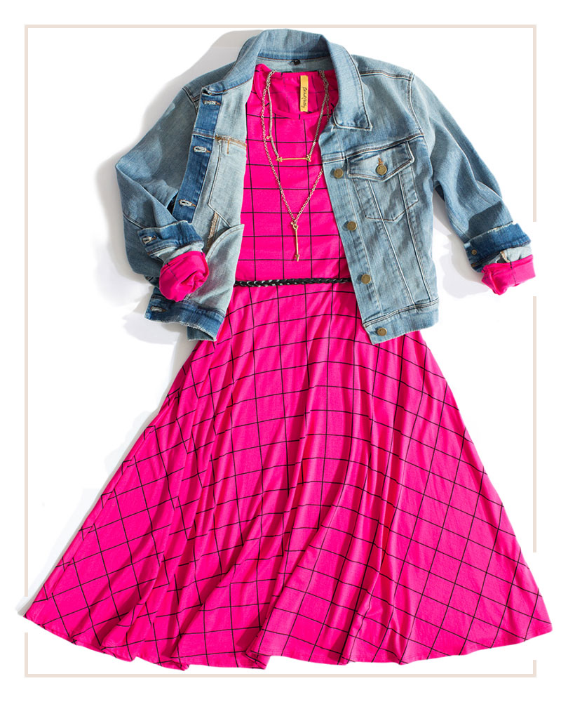 hot pink midi dress styled with a distressed denim jacket and boho accessories 