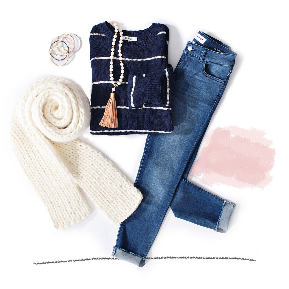 thin striped sweater with girlfriend jeans tassel necklace and bangle bracelets
