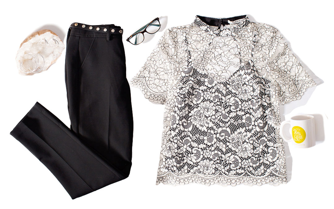 Perfect professional polished outfits with lace top and black trousers