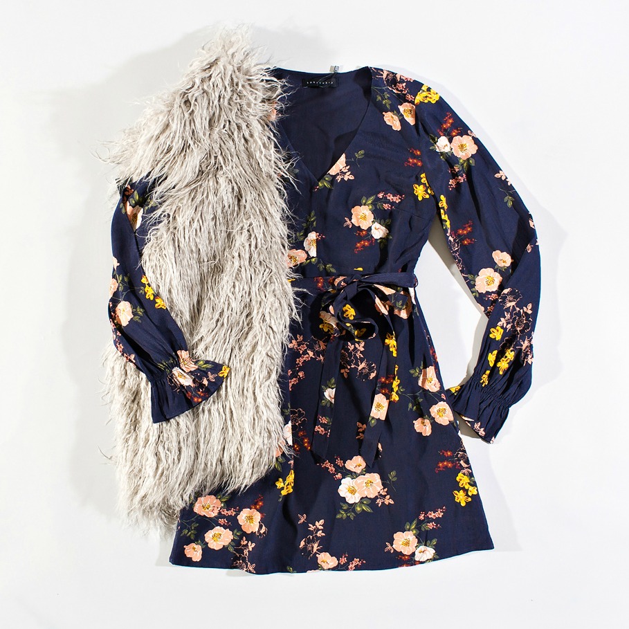 summer floral dress layered with a fuzzy fall vest