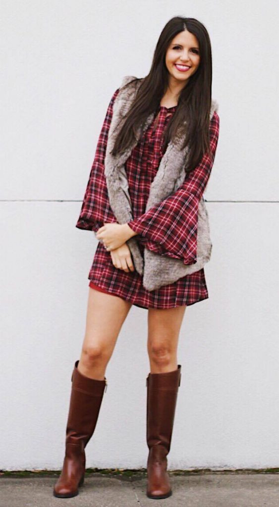 thanksgiving outfit ideas plaid dress tall boots fur vest