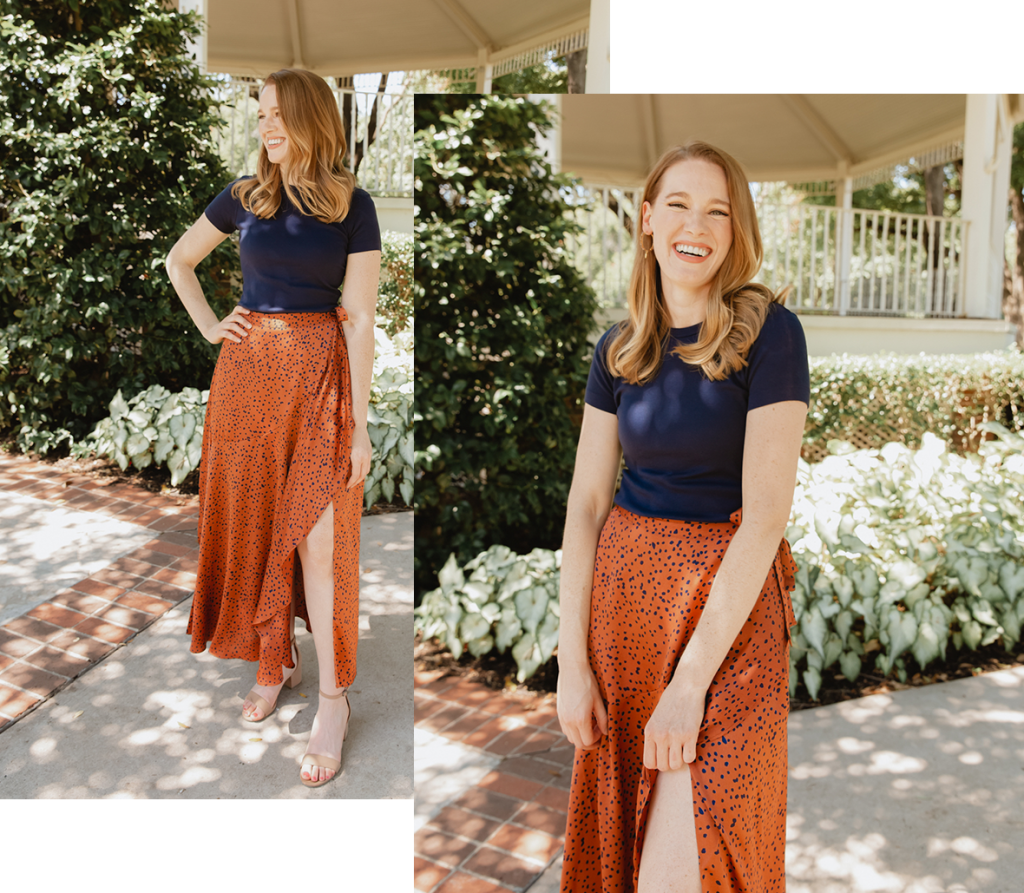 Add a wrap skirt to your quarantine tee for stepping out for a date night